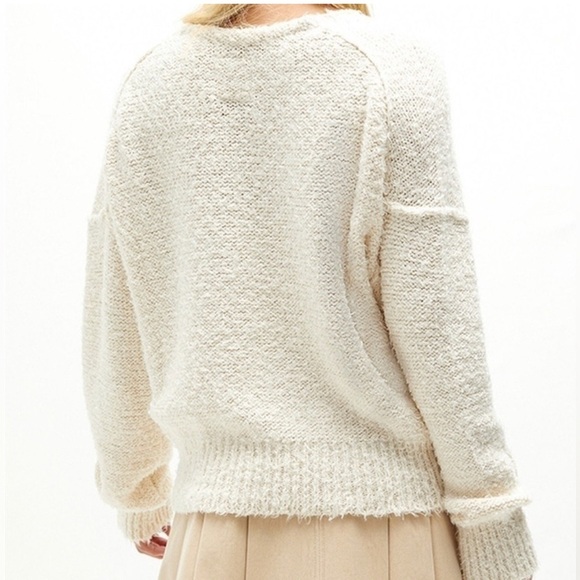 NEW We the Free People Theo V Neck Drop Shoulder Sweater Cream Fuzzy Large NWOT - Picture 2 of 10